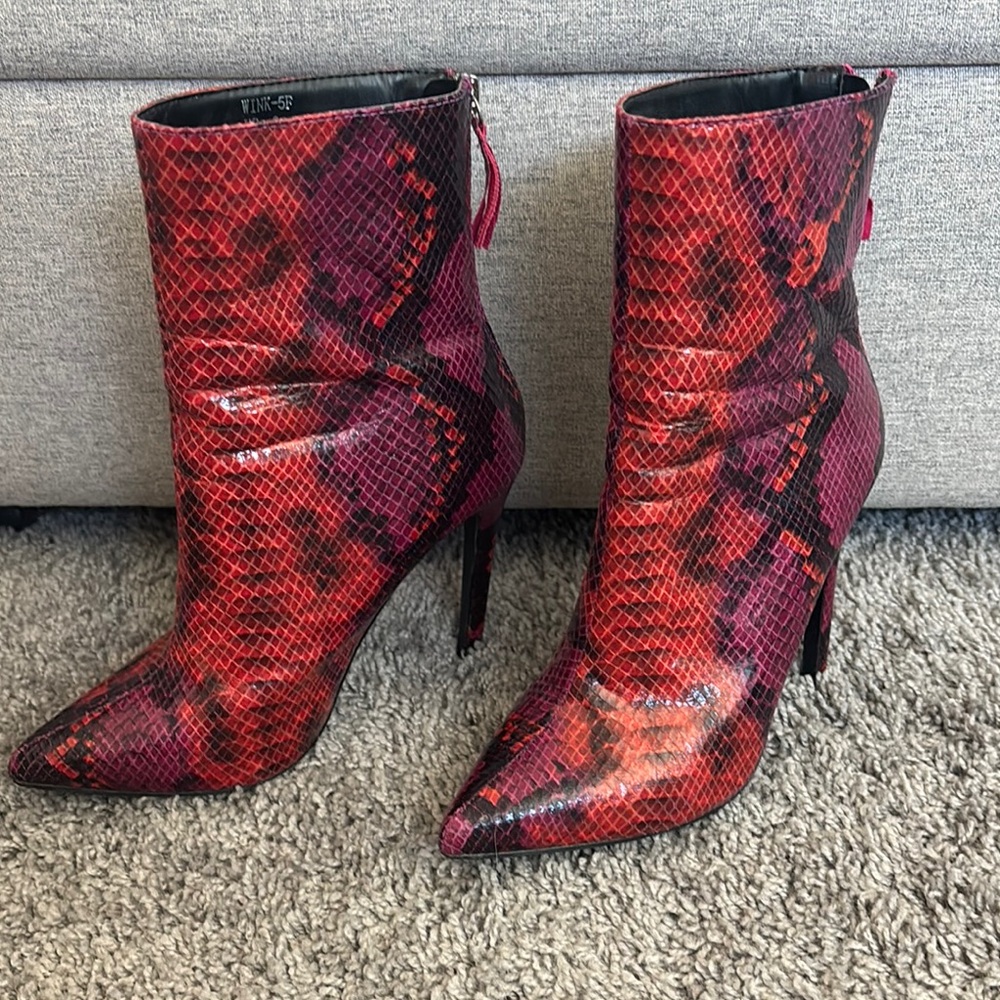 Red and Black Heeled Boots with Snakeskin Pattern